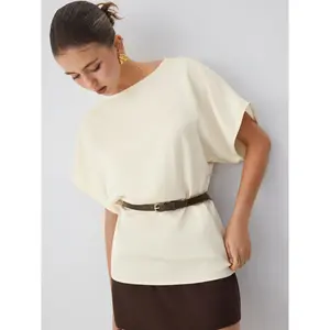 Cider Satin Boat Neck Batwing Sleeve Oversized Blouse With Belt Dealsforyou
