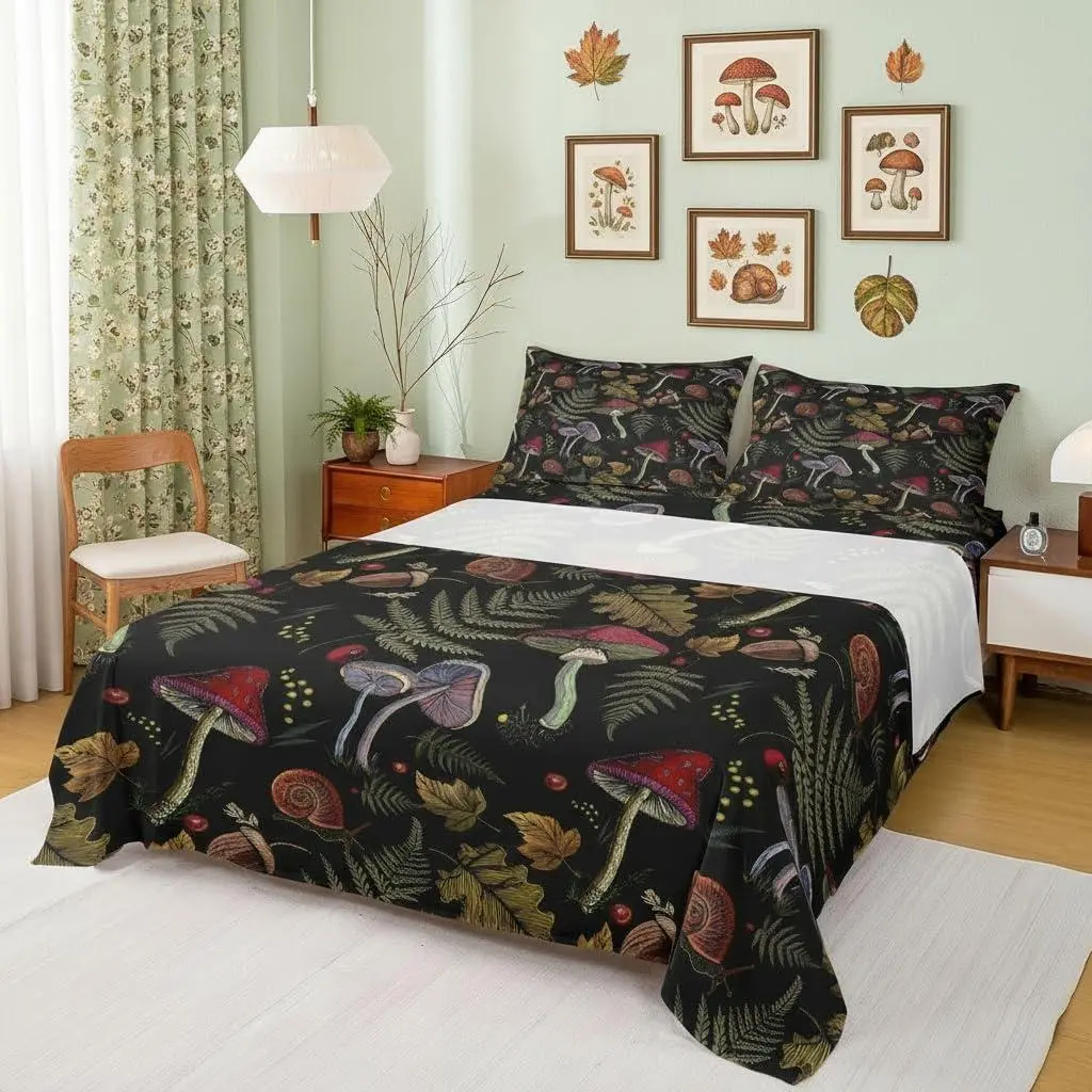 Mushroom Sheet Set,Rustic Fall Leaves Snail Bedding Set for Boys Girls,Kids Adults,Farmhouse Mushrooms Bed in a Bag with 1 Fitted Sheet + 1 Flat Sheet