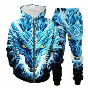 Blue Dragon Print Men's Casual Suit Spring Autumn Polyester Zipper Hoodie Long-Sleeved Sports Pants Fashionable Durable Wear