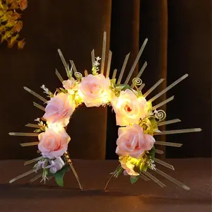 The new 2024 is a hot seller Pink Rose Halo Crown - Fairy Sunburst Glod Spiked Headband Renaissance Festival Costume Hair Accessories Handmade Simulated Flower Halo Crown for Lolita Costume Crown Photo Props