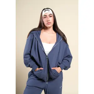 Cursive Wolves "Anya" Premium Double Zip Hoodie in Washed Denim