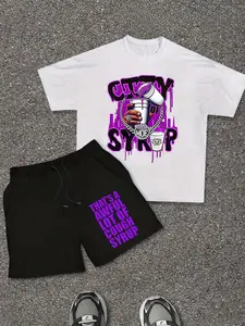 Men's All over Print Syrup City Tee and Cough Syrup Slogan Shorts Set, Outfit, Y2K Hip Hop Street Style, Fitted, Aesthetic, Comfortable Cotton Casual