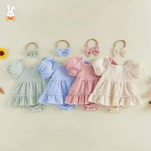 Infant Baby Girl Plaid Romper Baby Sweatshirt Romper Ruffle Festival Clothes Summer Outfits With Headband
