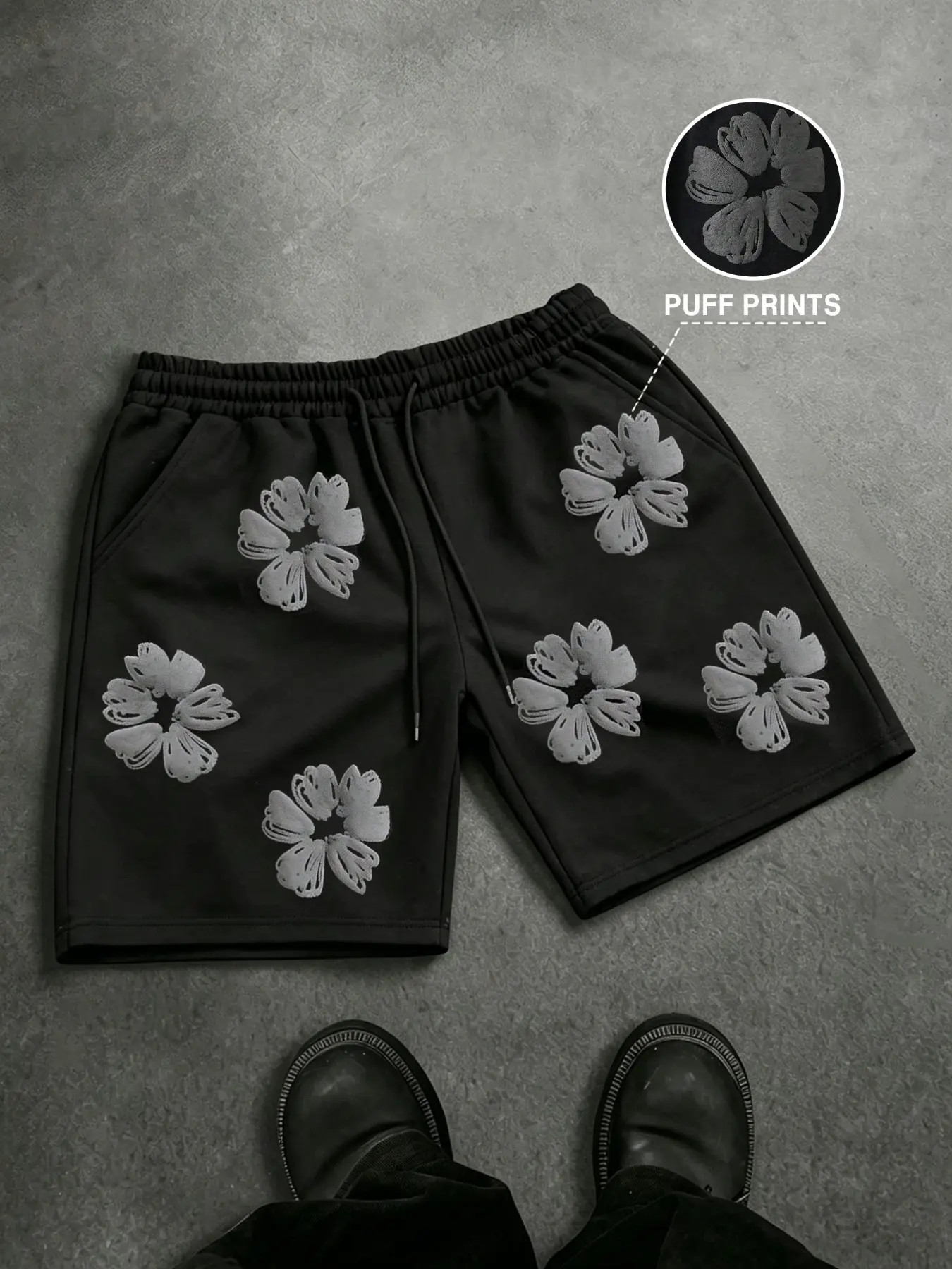 Men's Shorts, Casual Streetwear Shorts: Featuring an elastic waistband and a textured puff-print Floral pattern, these shorts offer a simple, casual style suitable for a wide range of settings, from outdoor activities to lounging at home