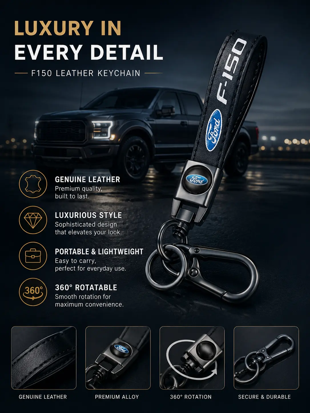 Luxury FORD F-150 Genuine Leather Car Keychain Set Premium Car Accessory Gift Heavy Duty Metal Key Chain Ring for Men & Women Anti-Lost Key Holder Durable Ford F150 Keychain Ford Truck Accessories