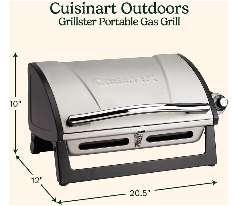 Cuisinart Grillster 8,000 BTU Portable Gas Grill with Spacious Enamel Steel Grate & Push Button Ignition for Quick Setup and Easy Cleanup