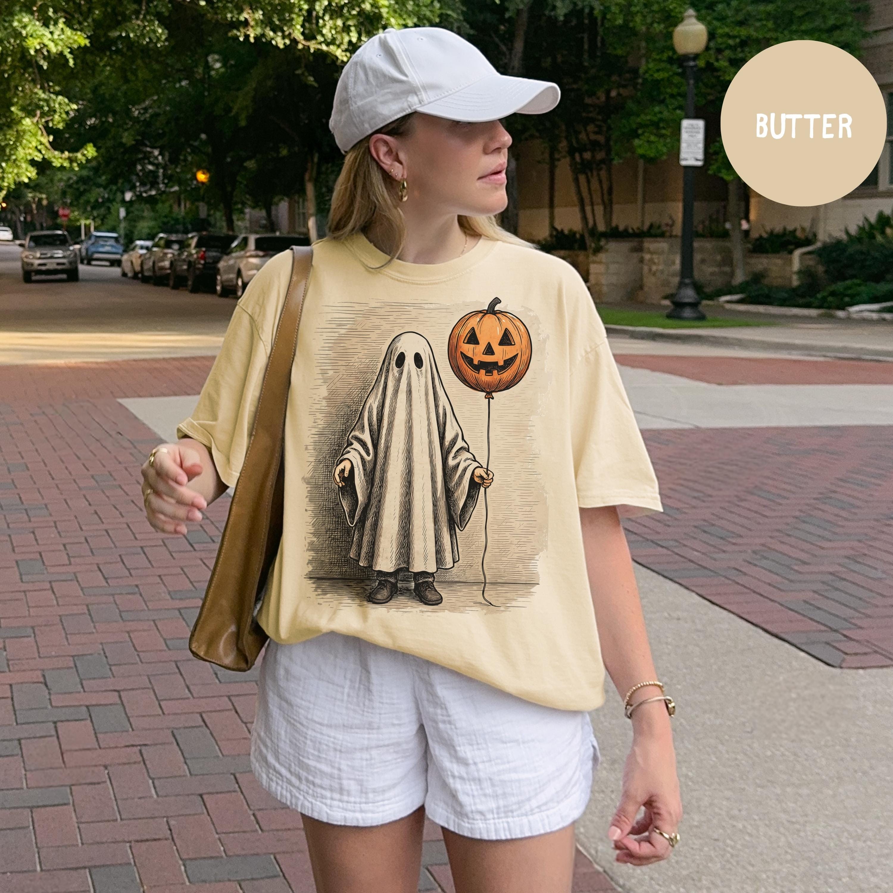 Comfort Colors Halloween Ghost Shirt, Cute Pumpkin Balloon Spooky Season Fall Graphic Tee Print Tee, Andrew Clothings