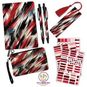 Celestique Brush Stroke Cozy Add‑On Bundle – Personalized PU Leather Journal with Pens, Bookmark, Stickers & Linen Pouch  Kat’s Journal Nest