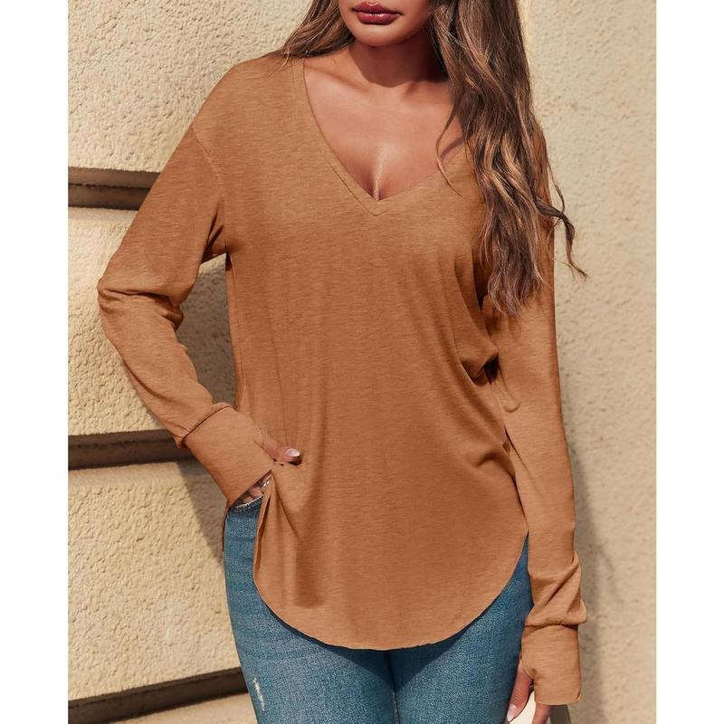 Imily Bela Womens Deep V Neck Tunic Tops Long Sleeve Oversized Casual Loose Fit Curved Hem T Shirts