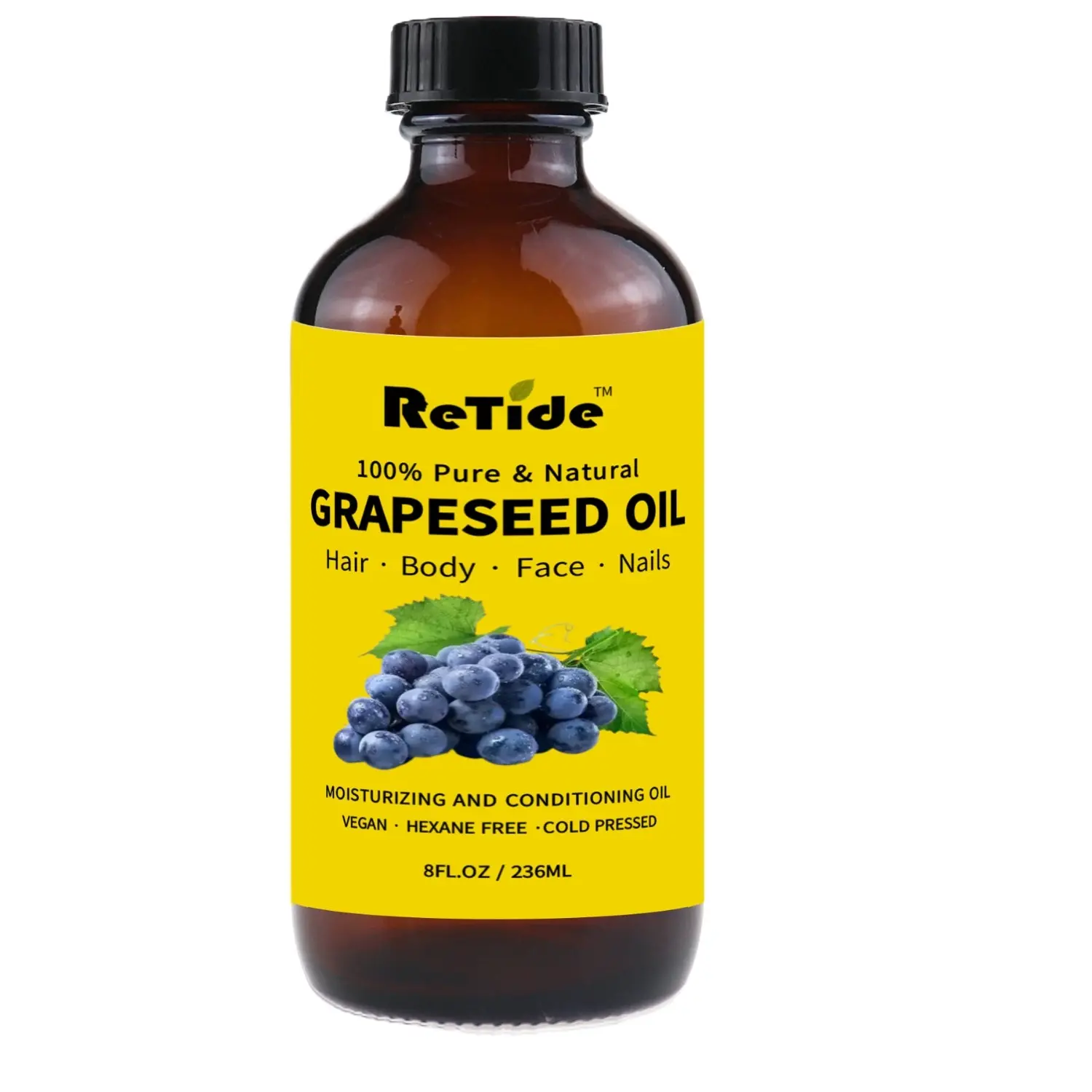 Grape Seed Oil 100% Pure Cold Pressed - Unrefined Hexane Free & Vegan - Lightweight Carrier Oil for Face, Body, Hair in Glass Bottle 8 Fl Oz Moisturizing Body Oils Premium Nourishing Oils