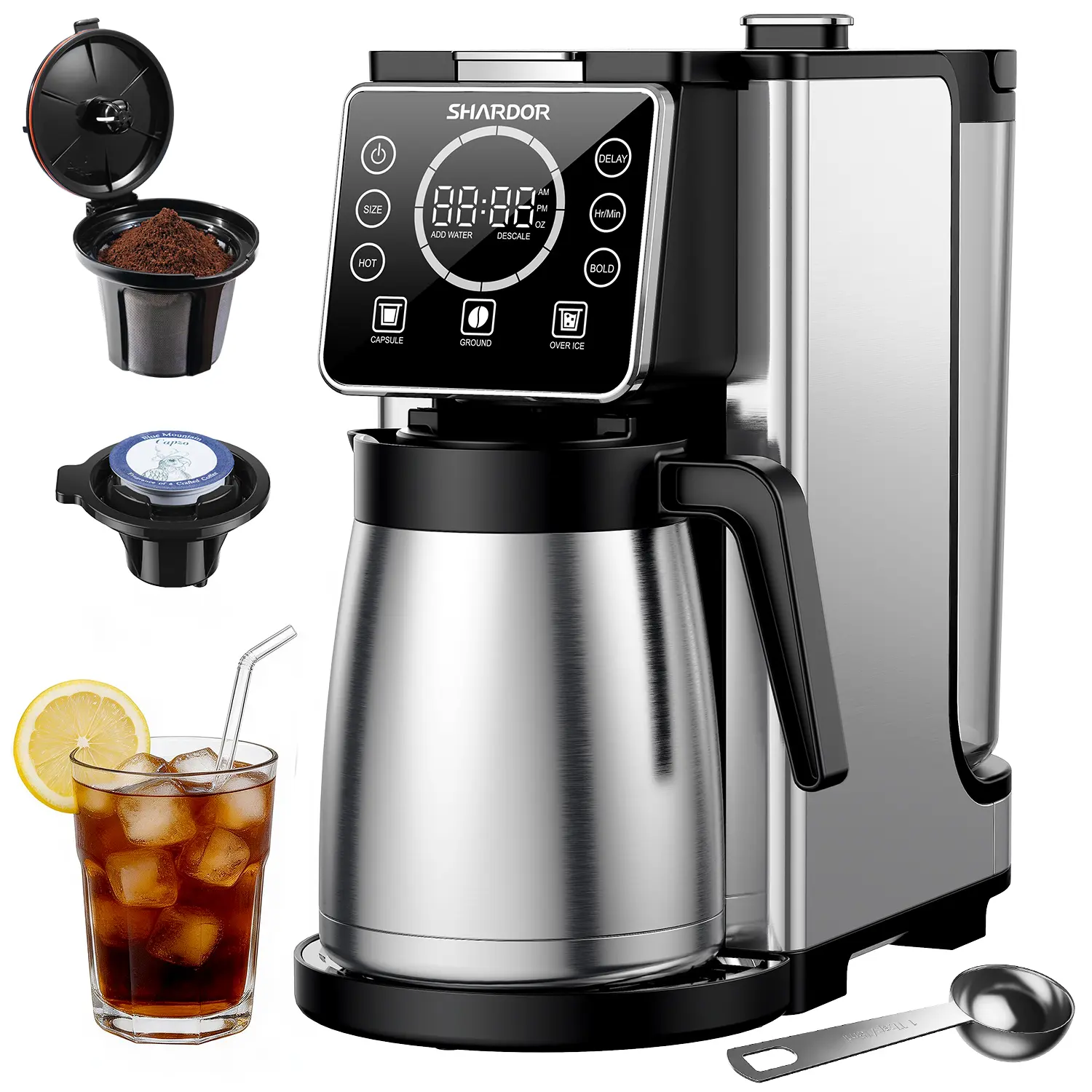 Programmable 5-Cup Drip Coffee Maker, Single Serve Hot & Iced Coffee Machine Compatible with K-Cup & Ground Coffee, 95oz Removable Water Reservoir, 6–24oz Adjustable Brew Size, Strong Brew Mode, Stainless Steel Thermal Carafe – Black