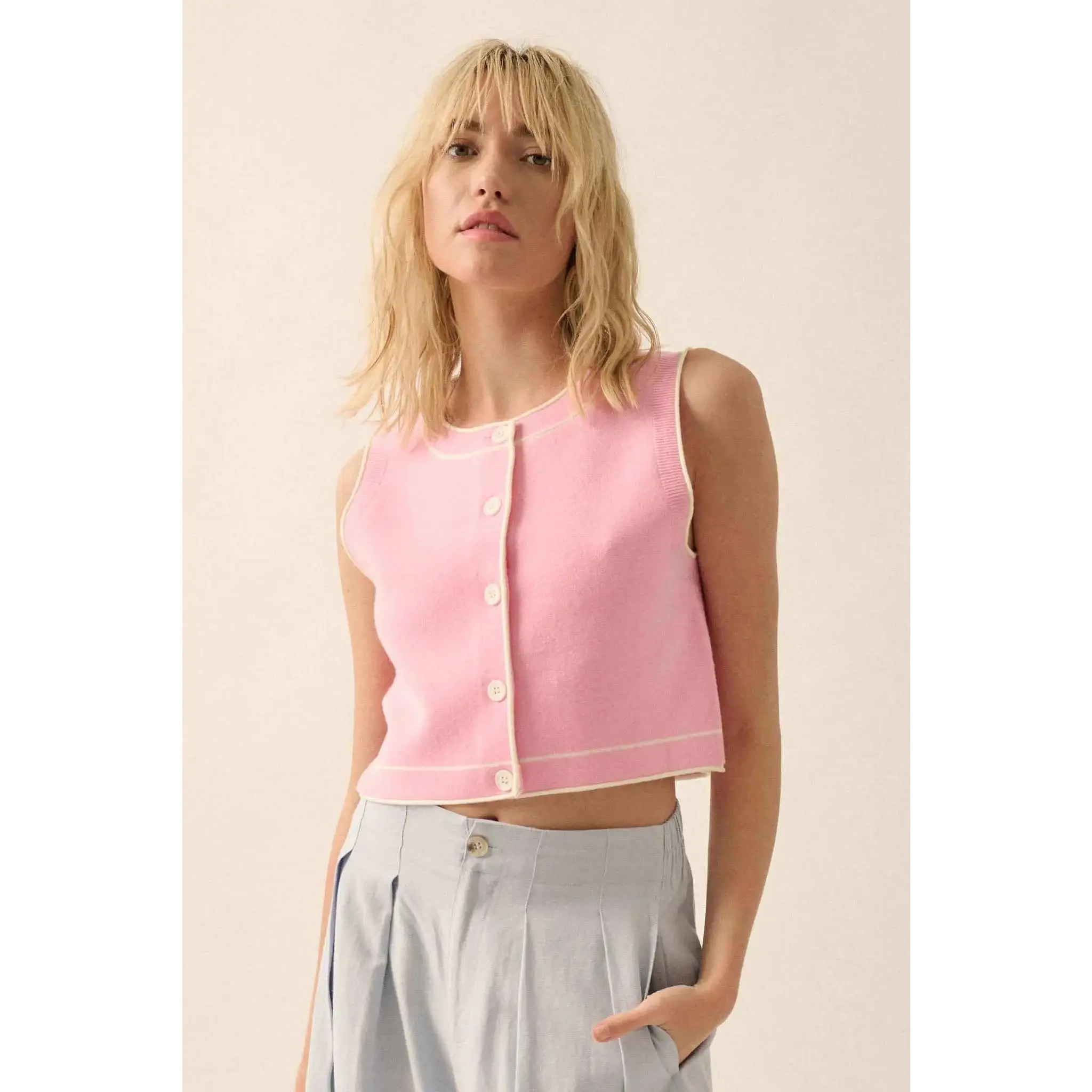 Break Out Sleeveless Button-Up Cropped Sweater
