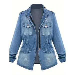 Women's Plus Size Denim Jacket Ripped Zip-Up Long Sleeve Jean Tops with Pockets Casual Outerwear Collar Cotton Fabric Womenswear Blue  Coats Knit Polyester Solid Zipper Fitted Can be used with a raincoat