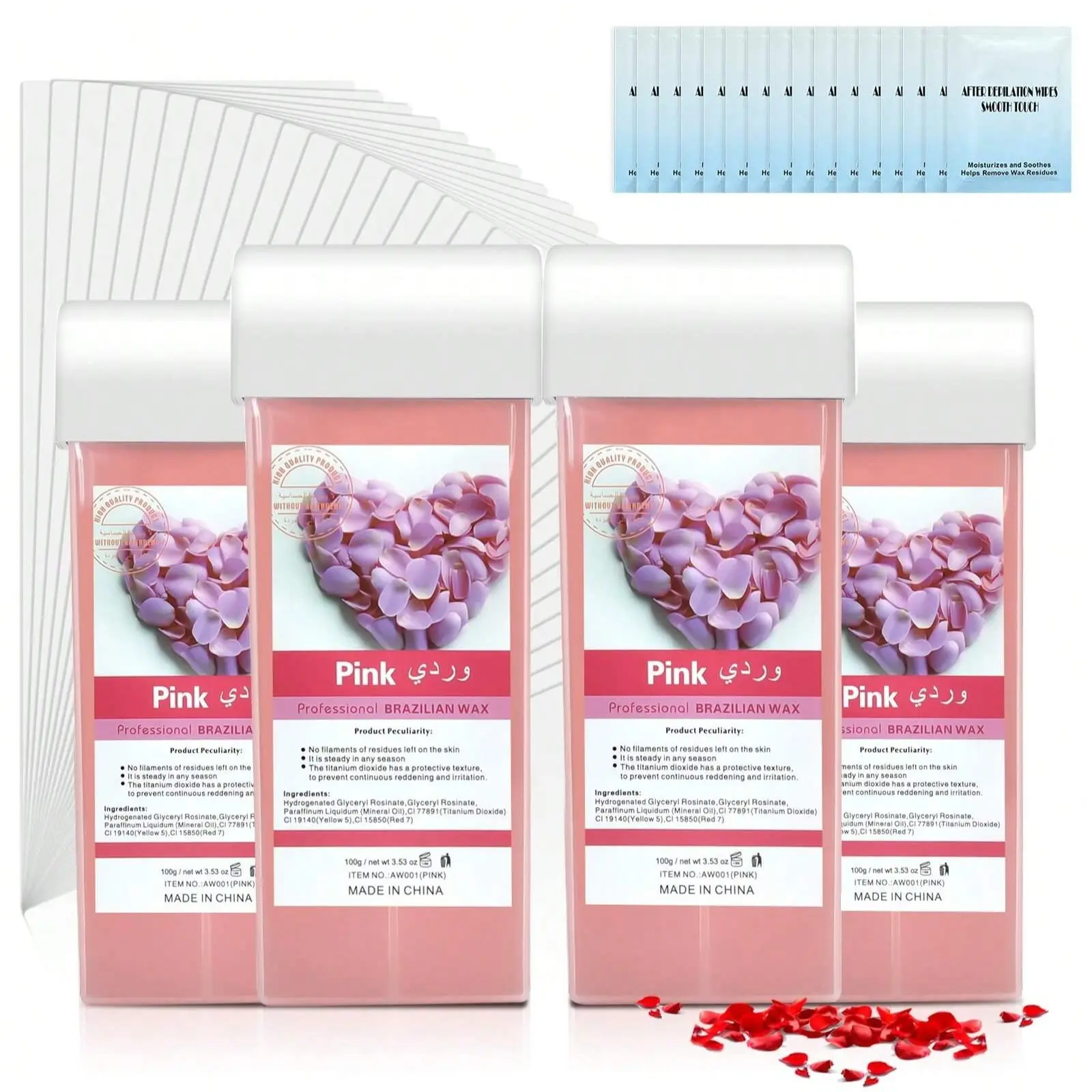 Rose Scented Hair Removal Wax Strips Set, Body Hair Removal, Includes 100g X 4 Pcs Rose Wax Strips, 50 Wax Papers, 16 Cleansing Wet Wipes, Hair Removal Waxing Kit, Hair Removal Solution