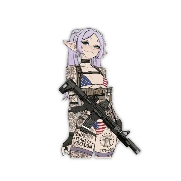 Tactical Frieren Waifu Sticker, 250th Year of Freedom Sticker, Anime Military Art for Laptops, Water Bottles, Skateboards, and Notebooks