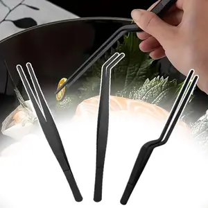 3 Pcs Fine Cooking Tweezers Set, Professional Stainless Steel Food Tongs, Kitchen Black Long Chef Tweezer for Cooking, Plating, Decorating and BBQ
