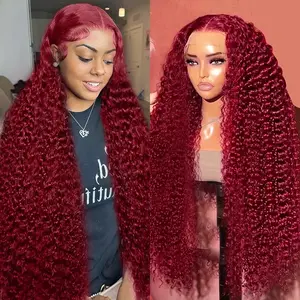13x6 Hd Colored 99j Burgundy Lace Frontal Human Hair Wig 30 32 Inch Brazilian Water Wave Curly Red Wigs 13x4 Deep Wave Frontal Wig 100% Human Hair Quality On Sale