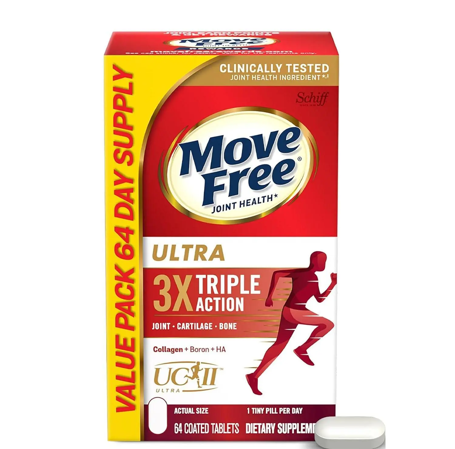 Move Free Ultra Triple Action Joint Support Supplement - Type II Collagen Boron & Hyaluronic Acid - Supports Joint Comfort, Cartiliage & Bones in 1 Tiny Pill Per Day, 64 Tablets (64 servings)*
