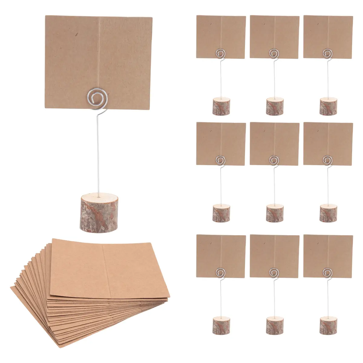 30Pc Wood Place Card Holders with Swirl Wire Kraft Place Cards Rustic Wood Table Number Holders Stands Name Cards Holder