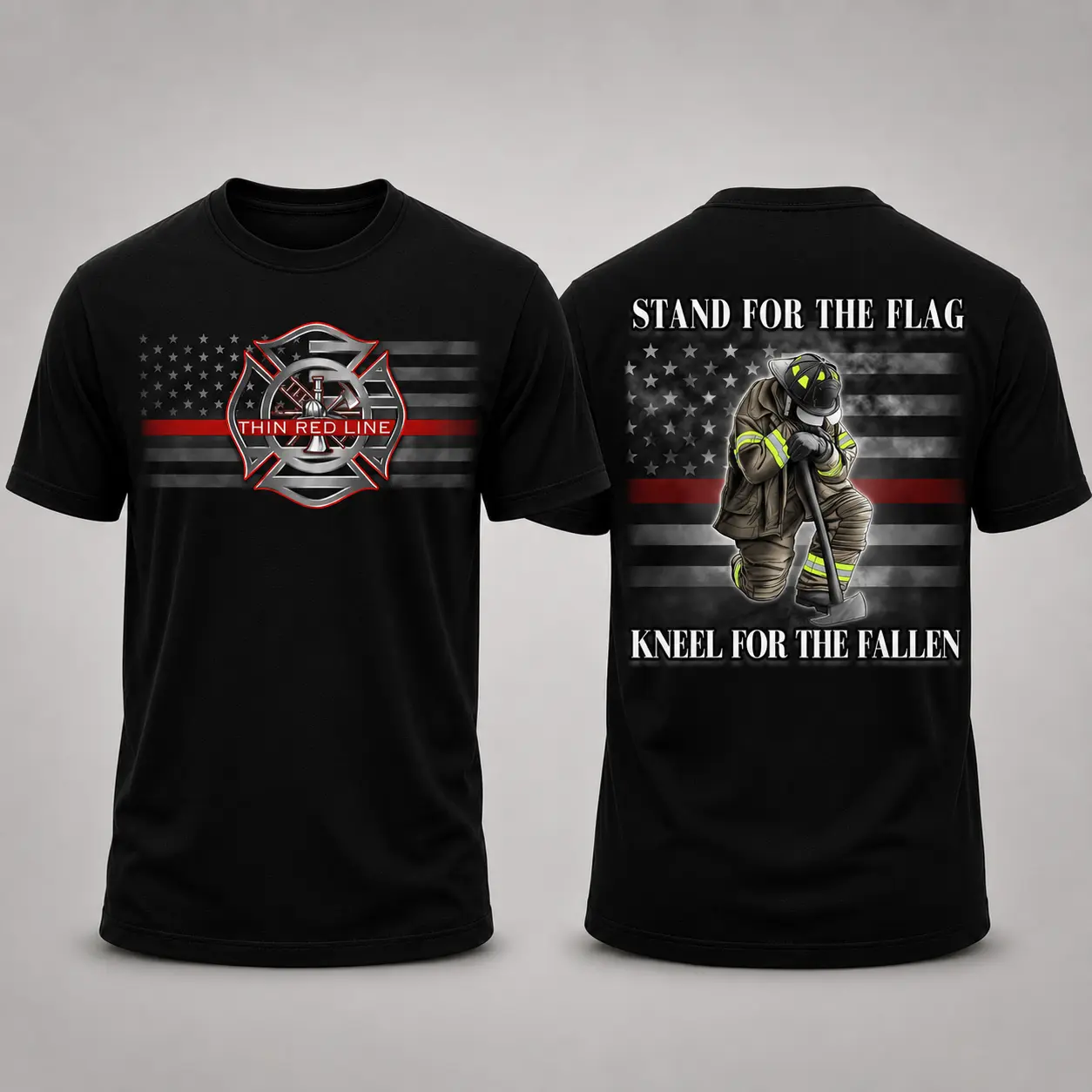 Men’s Thin Red Line Firefighter Short-Sleeve Graphic T-Shirt, Stand for the Flag Kneel for the Fallen Patriotic Tribute Tee