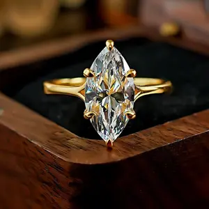 Luxury Golden Marquise Cut Solitaire Ring for Women, Elegant Crystal Engagement Promise Ring, Minimalist Wedding Anniversary Jewelry Gift for Her