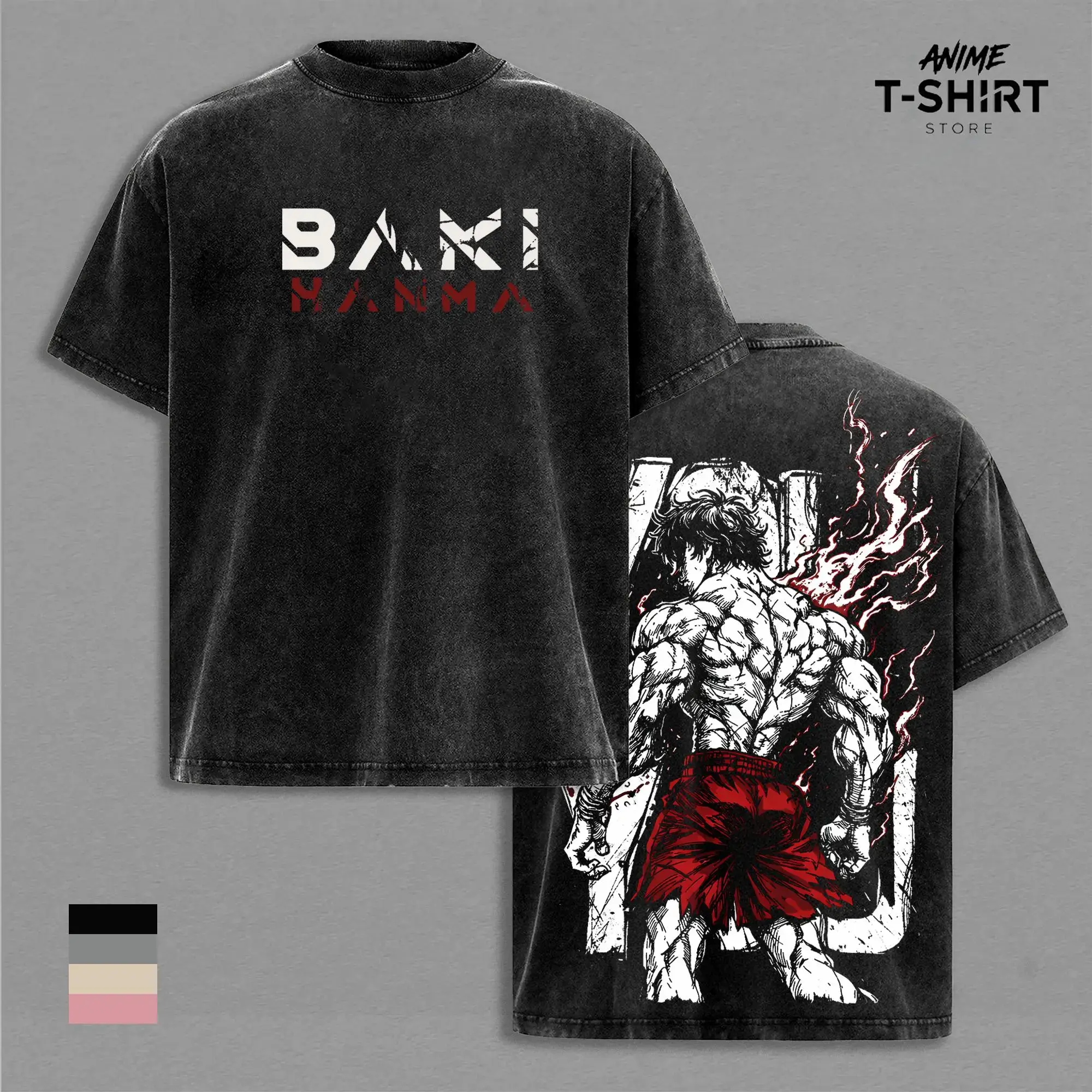 Baki Hanma Graphic T-Shirt, Vintage Washed Heavyweight Cotton | Men's Oversized Anime Pump Cover for Gym & Streetwear, Tops, Shortsleeve, Menswear