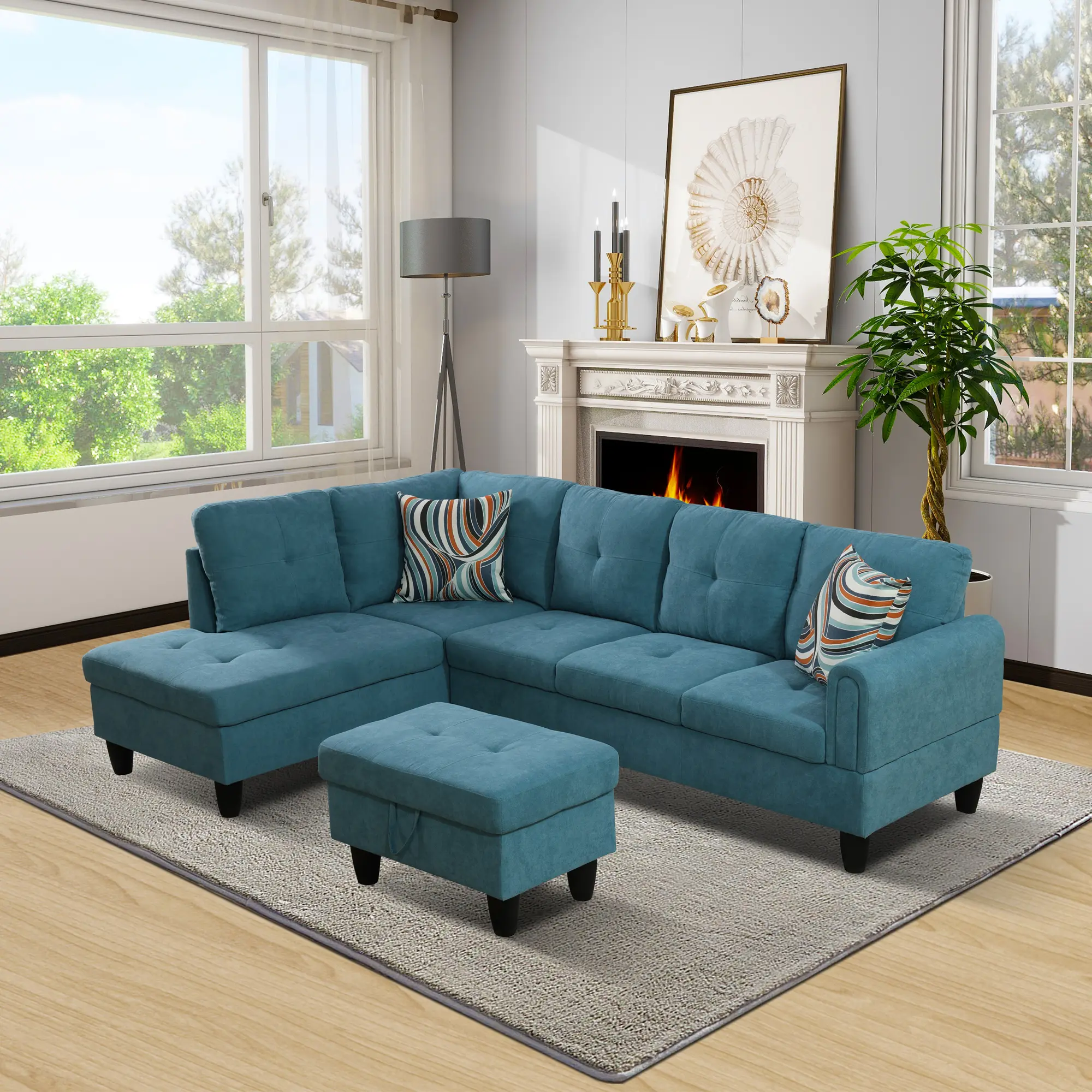 Modern Teal Blue 3-Piece Sectional Sofa Set - Sturdy 5-Seat Fluffy Cotton Couch, Fixed Arms, Soft Texture, Requires Setup, No Fire Safety Label, Comfortable Couch for Home & Apartment