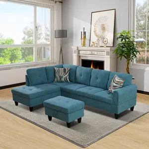 Modern Teal Blue Fluffy Fabric 3-Piece Sectional Sofa Set Comfortable Couch for Home & Apartment