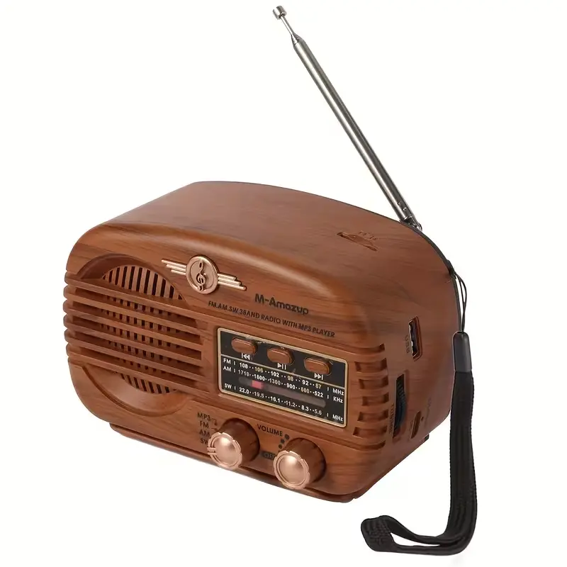 M-Amazup Retro Compact Portable Rechargeable Emergency Radio - 3-Band AM/FM/SW Transistor Device with Card Reader, Knobs, MicroSD Slot, Lanyard, USB Charging, TWS Bluetooth Stereo Speaker for Camping, Power Outages (Suitable for Children), Cells, Hours
