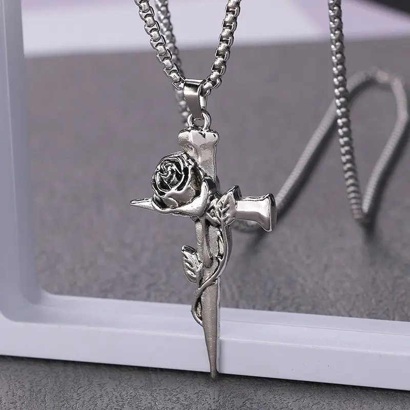 Vintage thorn rose cross necklace, minimalist style, long sweater chain, double-sided flower pendant jewelry, available in 60cm and 70cm chain lengths.