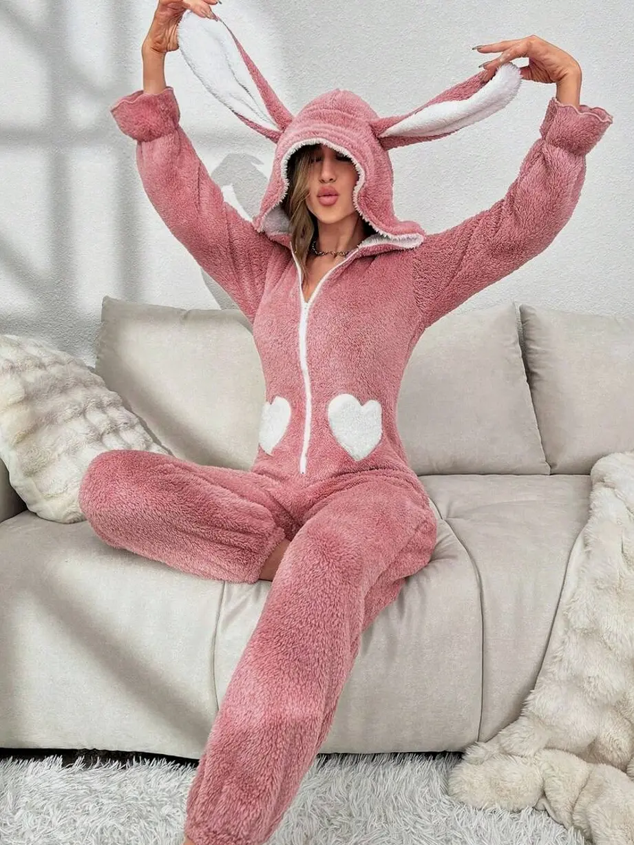 Pink Heart Pattern Hooded Flannel Sleep Jumpsuit with 3D Ear Accents