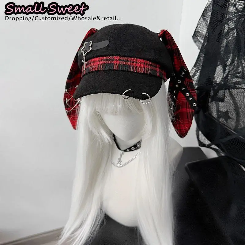 Women Punk Subcultural Fashion Steampunk Detachable Y2k Spicy Girl Rabbit ears Baseball cap Gothic Long Bunny Ear Beret Sun Hats