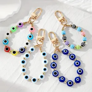 Vintage Ethnic Evil Eye Beaded Keychain for Women, Punk Style Resin Blue Eyes Circle with Alloy Buckle, Bag Accessory, Car Keychain