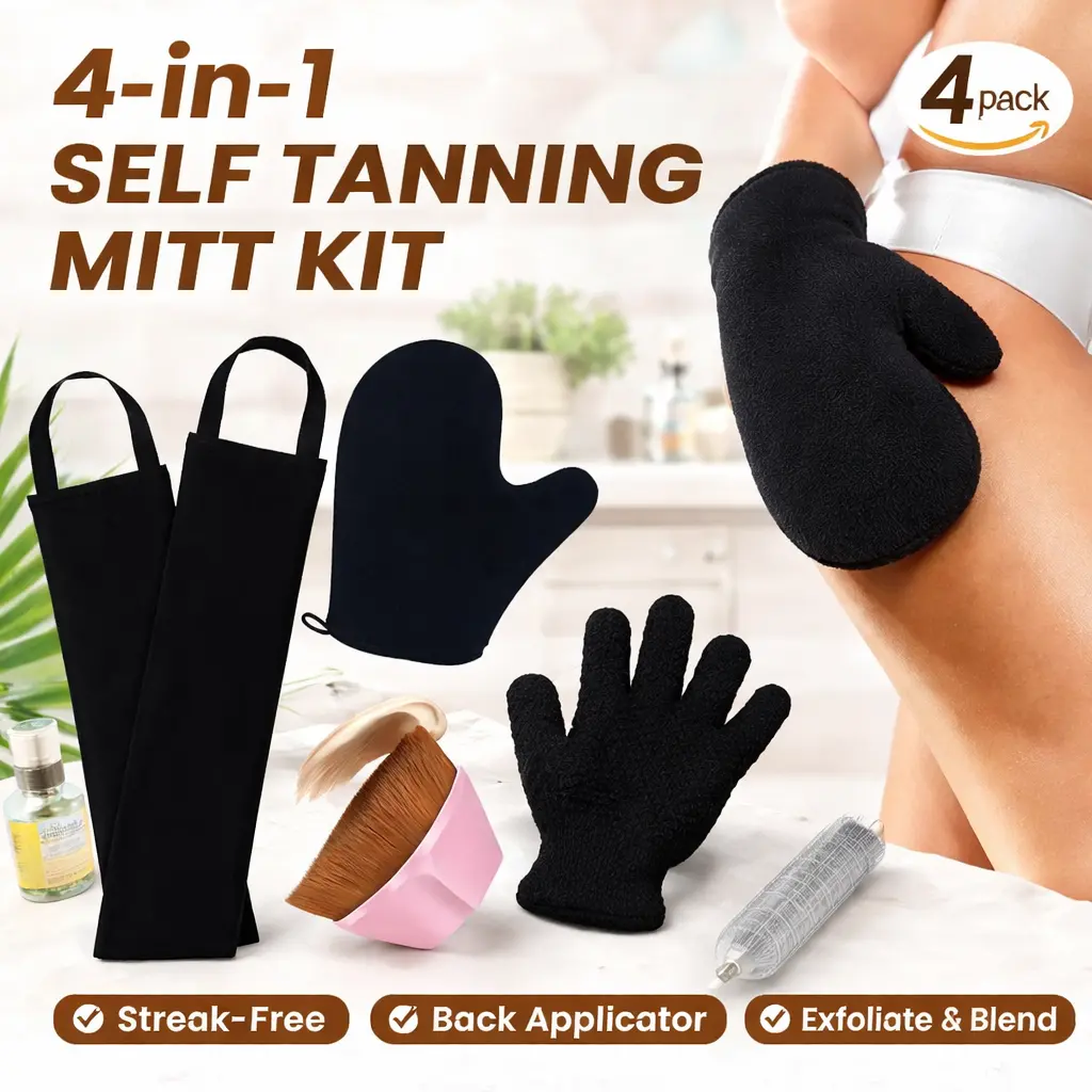 4-Piece Self Tanning Mitt Applicator Set – Includes Tanning Mitt, Back Applicator, Face Tanner Brush & Exfoliating Glove – Streak-Free Sunless Tanning Kit for Even, Natural-Looking Coverage