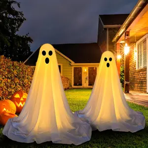 2 Packs Halloween Decorations Outdoor, Spooky Ghost Kit Halloween Decor with String Lights, Large Light-Up Scary Ghosts Decor, Easy to Assemble Ghost Decorations for Front Porch Yard Garden (A)