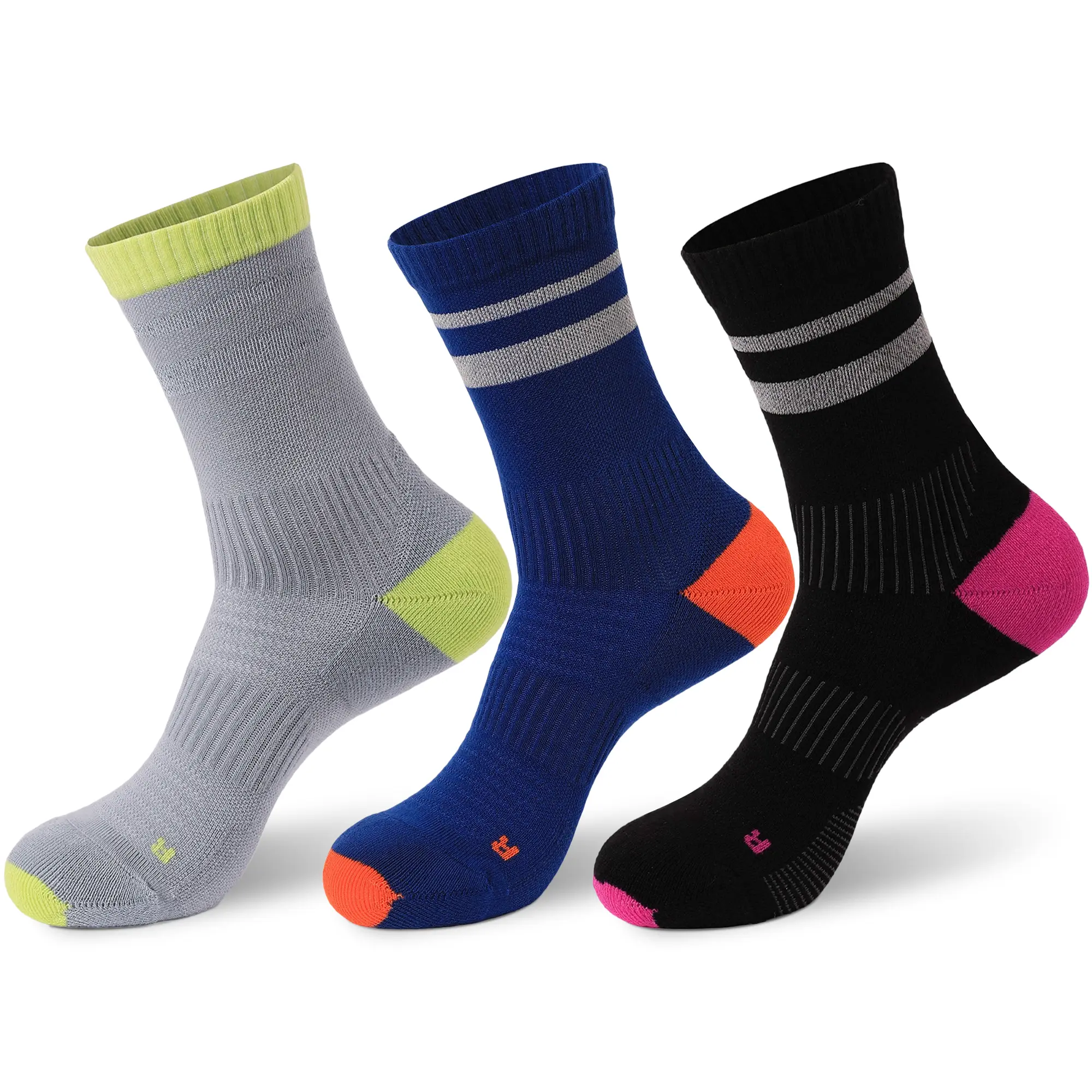 3 Pairs Cycling Socks with Reflective Yarn, Moisture Wicking, High Elasticity, Shock Absorption for Running, Cycling, Basketball, Badminton (Gray/Blue/Black)