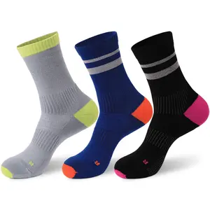 3 Pairs Cycling Socks with Reflective Yarn, Moisture Wicking, High Elasticity, Shock Absorption for Running, Cycling, Basketball, Badminton (Gray/Blue/Black)