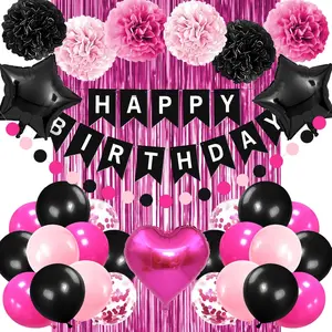 and Black Birthday Party Decorations for Girls Happy Birthday Banner Hot  and Black Balloons Pom pom Flower Confetti Foil Fringe Curtain Party Decor for Girls Women