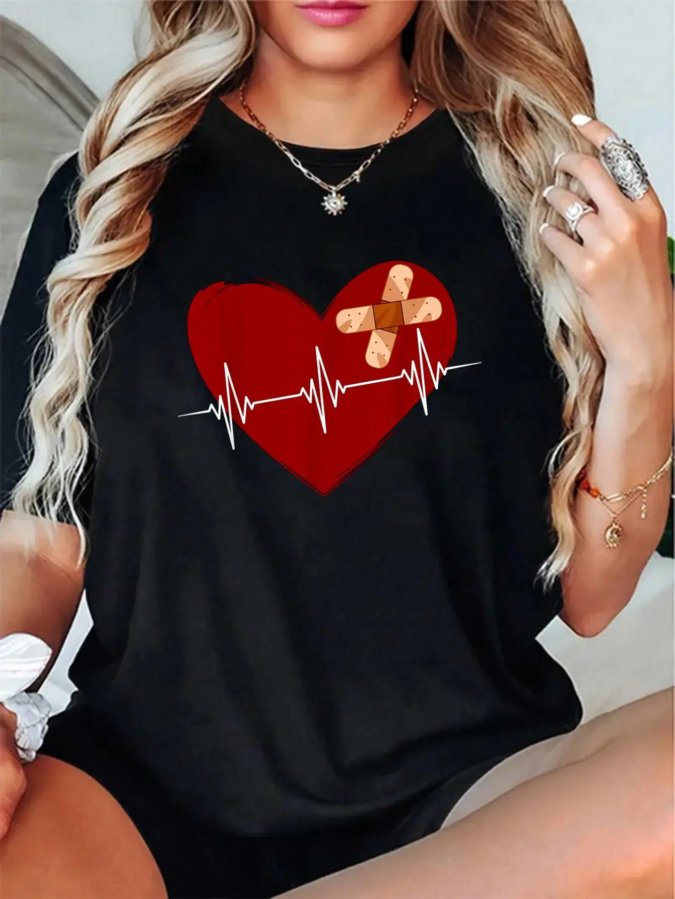 Women's 100% Cotton Fabric Casual Short-Sleeve Tshirt - Unisex Cute Graphic Tee with Print, Comfortable Fit for Heartbeat Fans & Post-Coronary Artery Bypass Open Heart Surgery Wear, Love-Worthy Tops