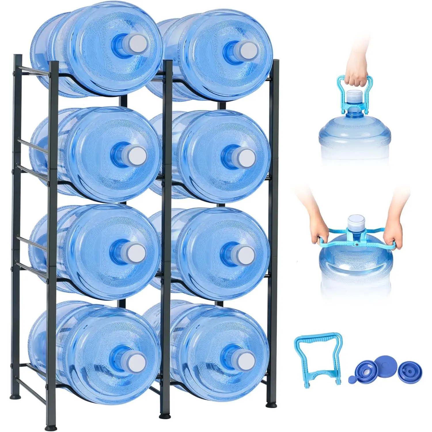 5 Gallon Water Jug Holder - Double Row Rack with 8 Slots for Water Bottle Organizer, Heavy Duty Storage Rack with Lifter, Stand for 8 Bottles