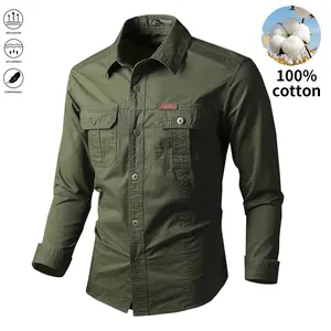 Men’s 100% cotton casual solid-color long-sleeve shirt with multiple pockets, loose fit, suitable for everyday wear—casual shirt.