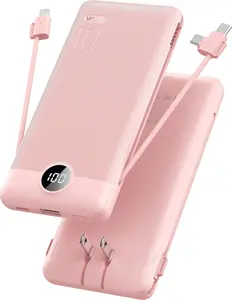 VRURC Portable Charger Power Bank with Built-in Cables and Foldable AC Wall Plug USB-C LED Display Travel Essential for iPhone Samsung Android