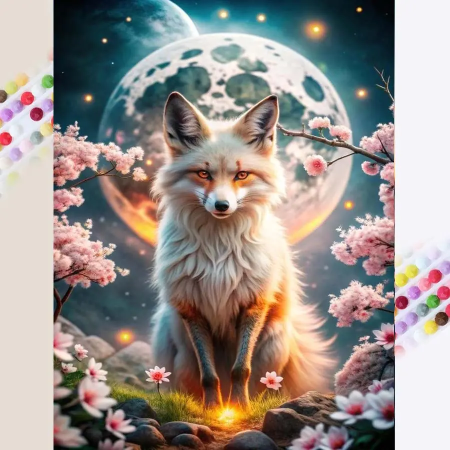 1 set of DIY diamond painting kit, 5D diamond art set, DIY decoration fox, full moon, cherry blossoms. Mosaic, diamond art, DIY art home decor, Crafts