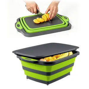 BBQ Prep Tub with Lid, 3-IN-1 Collapsible Chopping Cutting Board with Colander, Food Grade Sturdy Portable Silicone Dish Tub for Dish Basin, Picnic, Tailgate and Camping, Kitchen