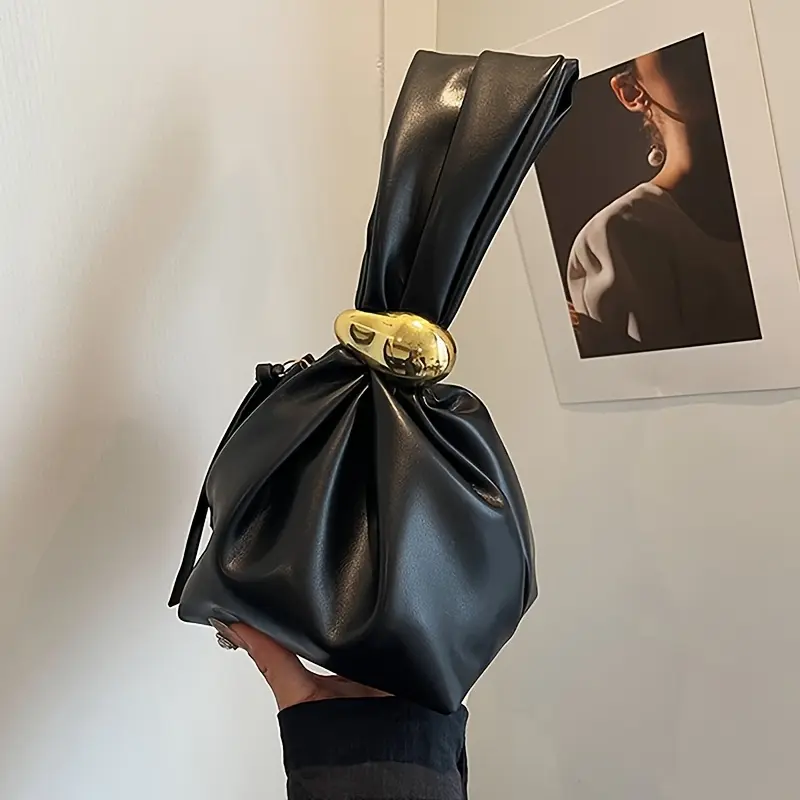 Retro Faux Leather Dumpling Niche Handbag for Women, Fashion Knotted Wrist Shoulder Bag with Zipper Closure, Polyester Lining, Synthetic Faux Leather Material, White/Black/Burgundy/Coffee Color Options