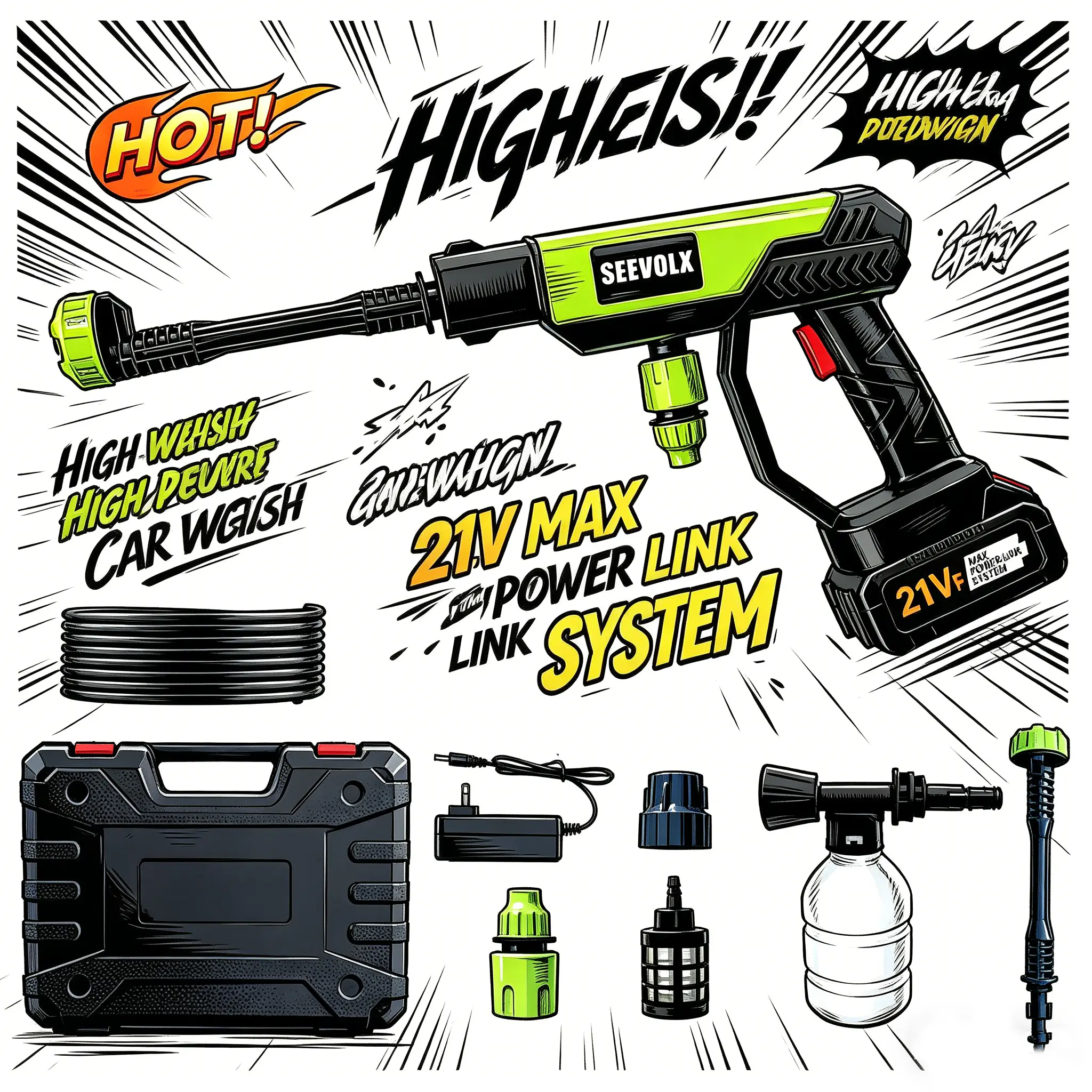 SEEVOLX 21V Rechargeable Cordless Portable Pressure Washer - 2 Batteries Included, Power Cleaner for Cars, Patios, Outdoor Furniture