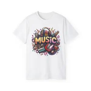 Music Instruments Graphic Tee | Headphones Guitar Cassette T-Shirt, Short Sleeve, Crew Neck, Fitted, Vintage Style, Summer Wear, Soft Cotton, Oeko-Tex Certified