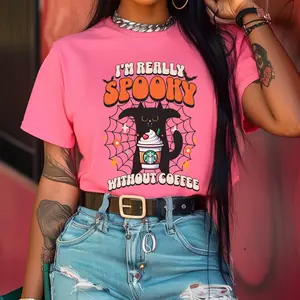 Spooky Cat with Coffee Softstyle Graphic T-Shirt, Halloween, Boo, Fall, Black cat, Horror, Candy, pumpkin, Costume, Back to School, Trick or Treat, Ghost spooky small halloween out cat ghost