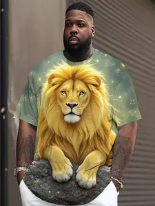 Shining Lion Statue Golden Mane Male Star Dust Texture 3D Trendy T-Shirt, Menswear, Casual Loose Fit Short Sleeve, Geometric Pattern, All Seasons