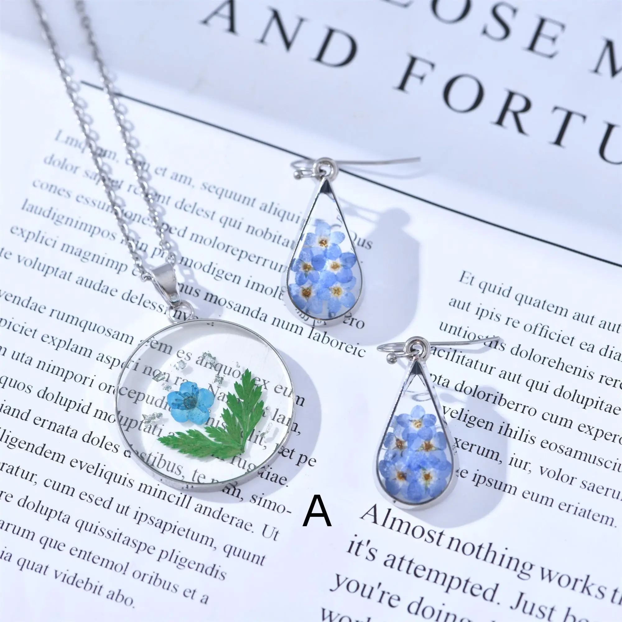 Real Dried Forget-me-not Jewelry,Pressed Floral Flowers Necklaces and Earrings Set for Birthday/Summer Gifts